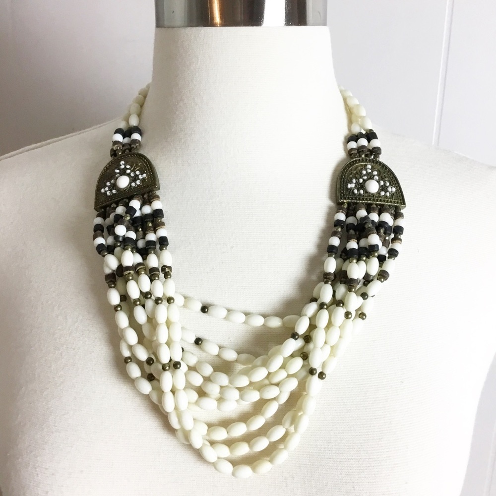 Vintage White & Brown Beaded Layer Necklace